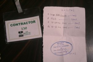 My contractor badge and List of things I was carrying inside.